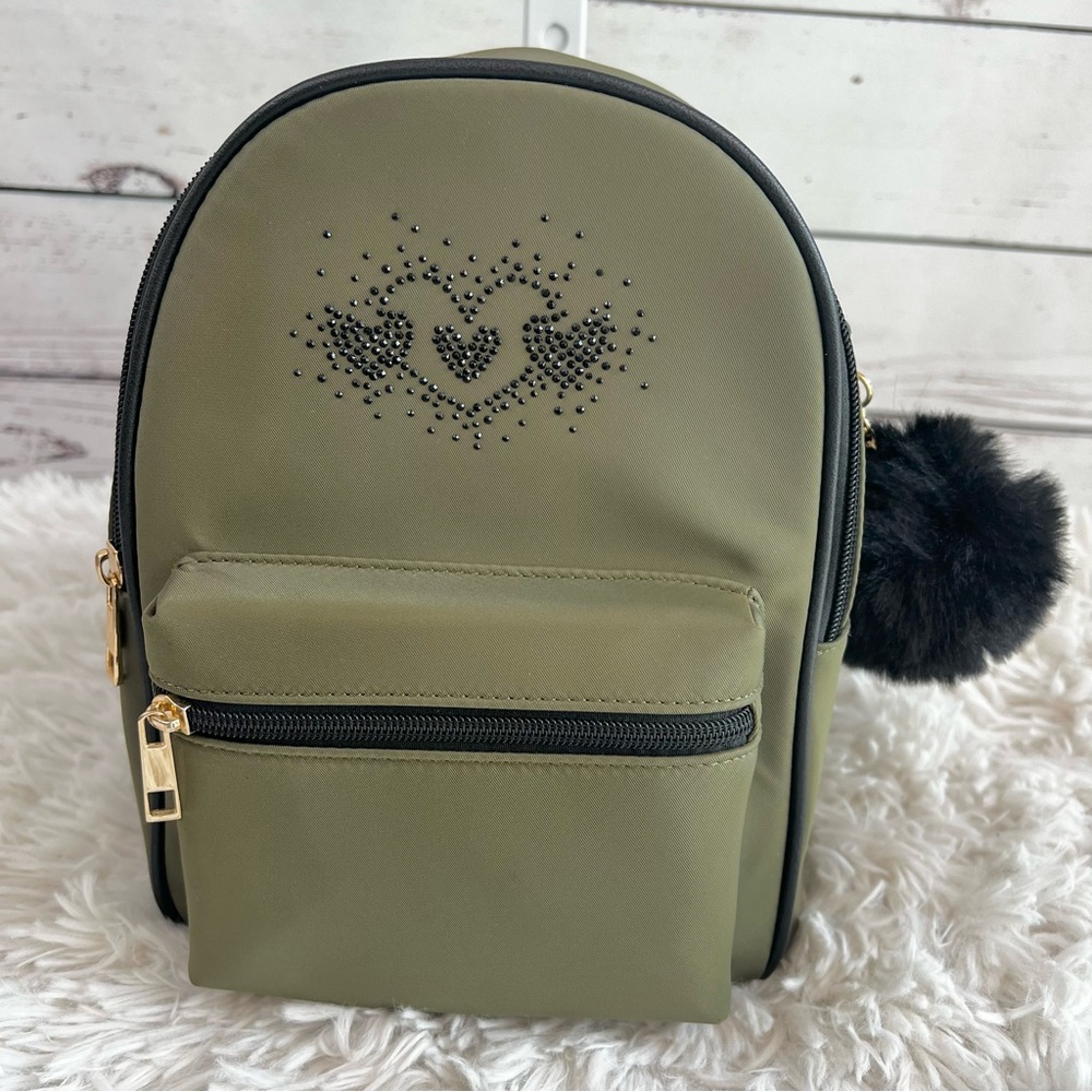Like Dreams Olive Green Mini Backpack with Black Heart Accents NWT